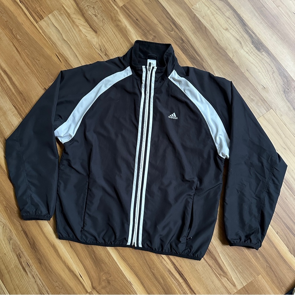 2004 Adidas Men's Black and White Track Jacket Windbreaker tri-stripe vintage